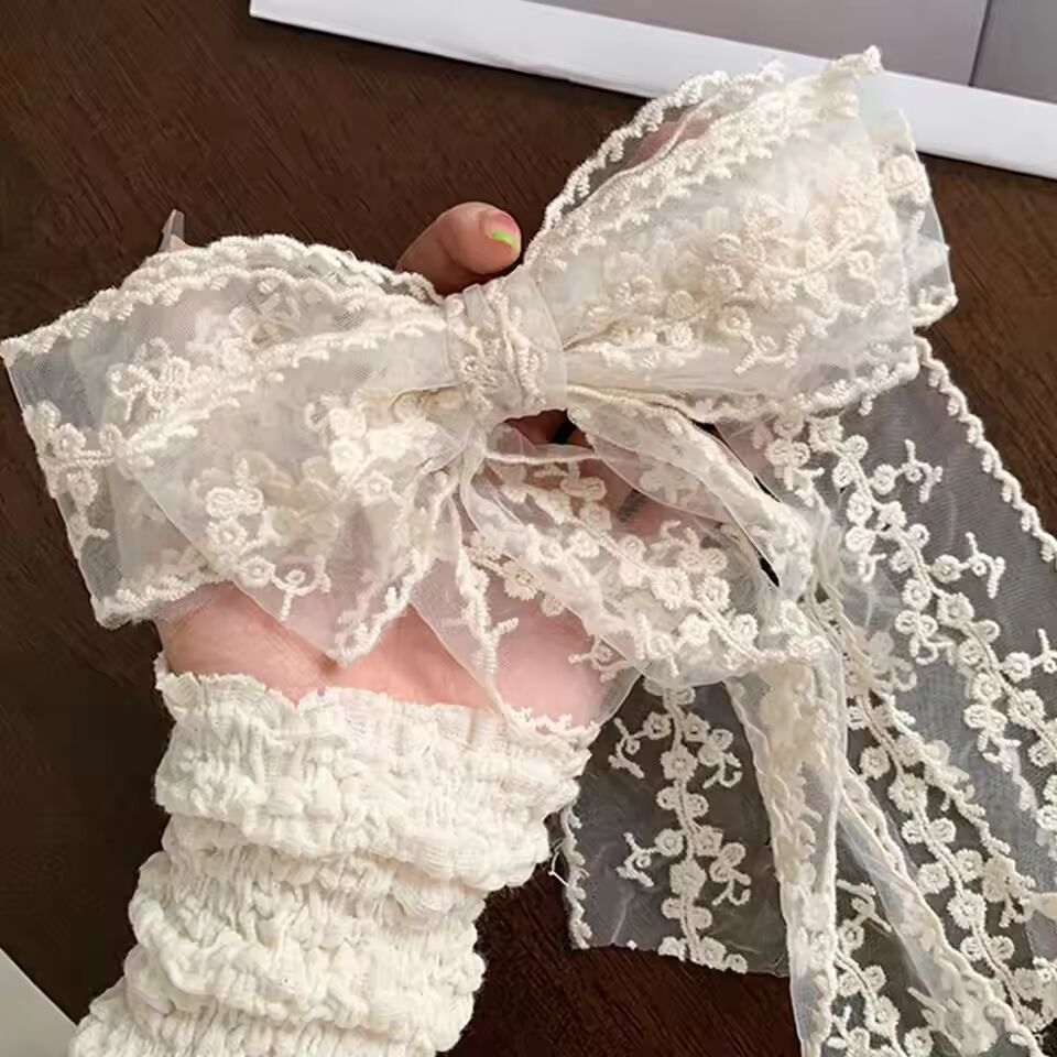 Korean Lace Cream White Bow Ribbon Hair Clip For Women Hairpins Bullet Style Side Shredded Hairpin Headpiece Clip New Headwear